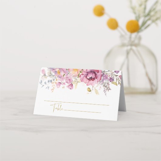 Paarse wilde bloemen bruiloft plaatskaartje (Voorkant)