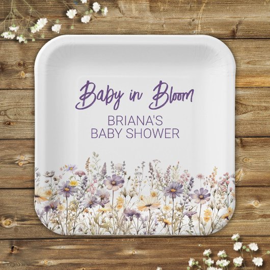 Paarse wilde bloemen genderneutraal Baby shower Papieren Bordje