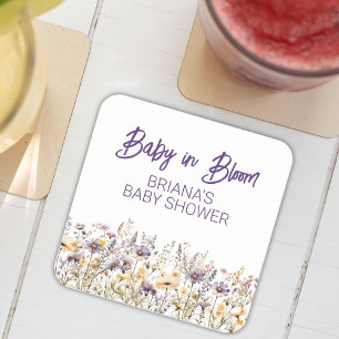 Paarse wilde bloemen geslacht neutrale baby shower kartonnen onderzetters