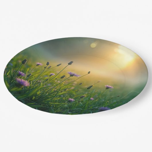 Paarse wilde bloemen in Misty Meadow Papieren Bordje (Gekanteld)