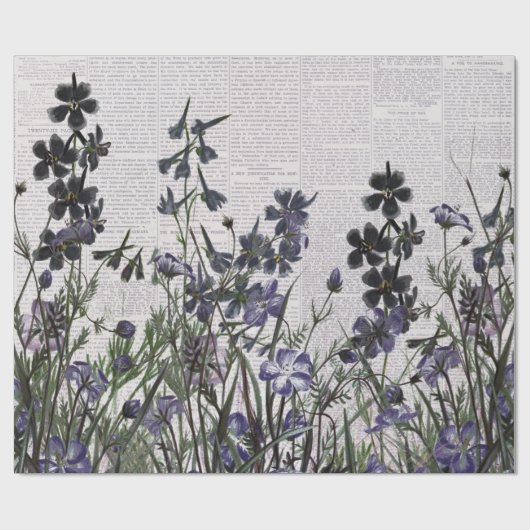 Paarse wilde bloemen op de  krant: cadeaupapier (Vlak)