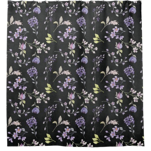 Paarse wilde bloemen op verst zwart douchegordijn (Voorkant)