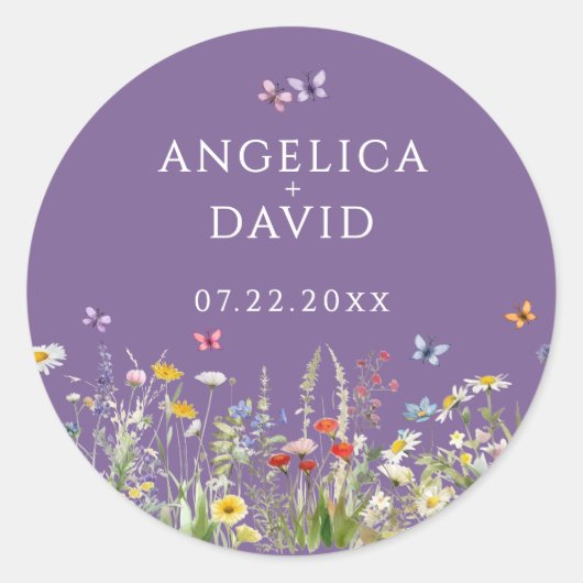 Paarse wilde bloemen vlinders bruiloft Sticker (Voorkant)