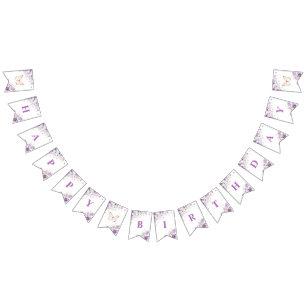 Paarse wilde bloemen vlinders Happy birthday Vlaggetjes