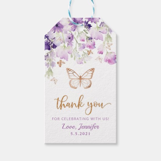 Paarse wilde bloemen vlinderverjaardag cadeaulabel (Voorkant)