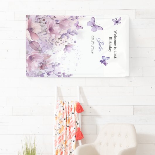 Paarse wilde bloemen voor eerste verjaardag Butter Spandoek (Insitu)