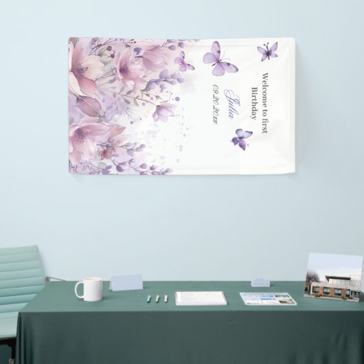 Paarse wilde bloemen voor eerste verjaardag Butter Spandoek (Beurs)