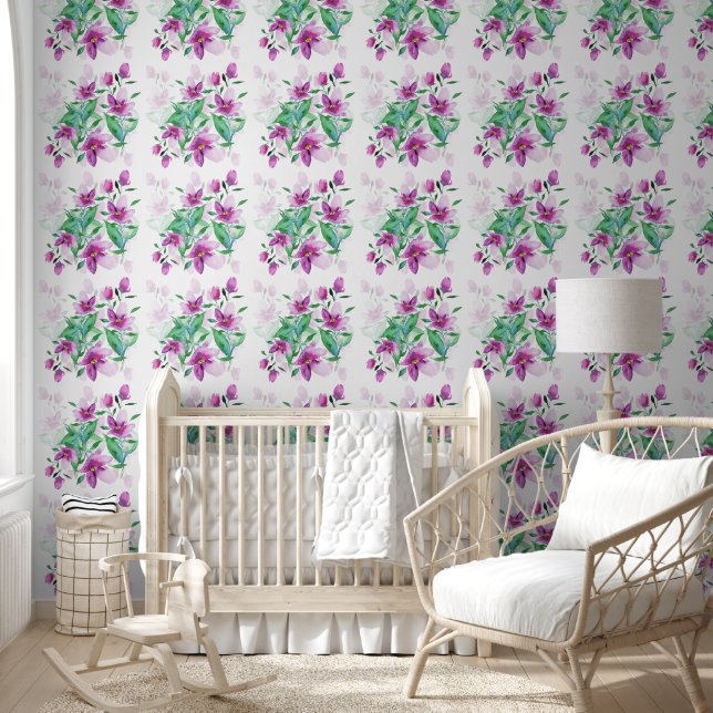 Paarse Wilde Bloemen Watercolor Kunst Behang (Kinderen)