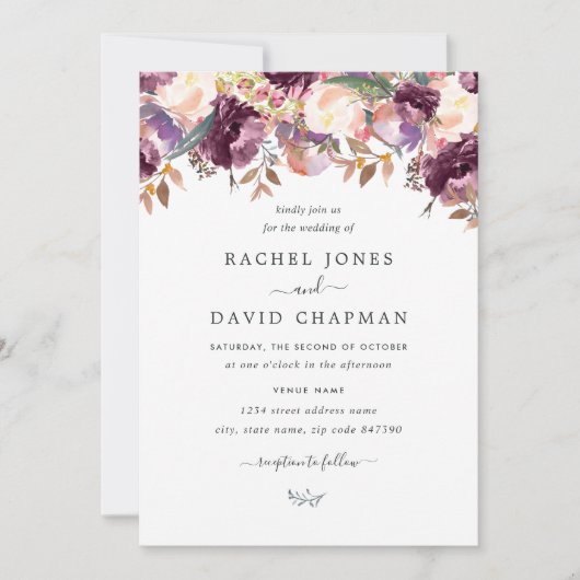 Paarse wilde bloemen Waterverf bruiloft uitnodigin Kaart (Voorkant)