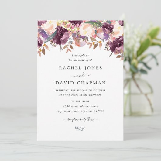Paarse wilde bloemen Waterverf bruiloft uitnodigin Kaart (Staand voorkant)