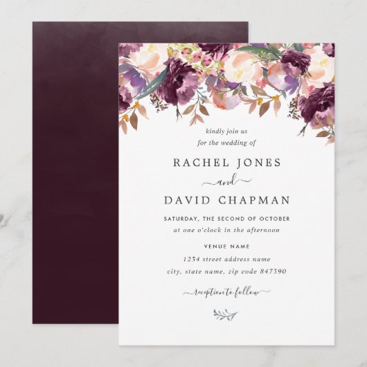 Paarse wilde bloemen Waterverf bruiloft uitnodigin Kaart (Voorkant / Achterkant)