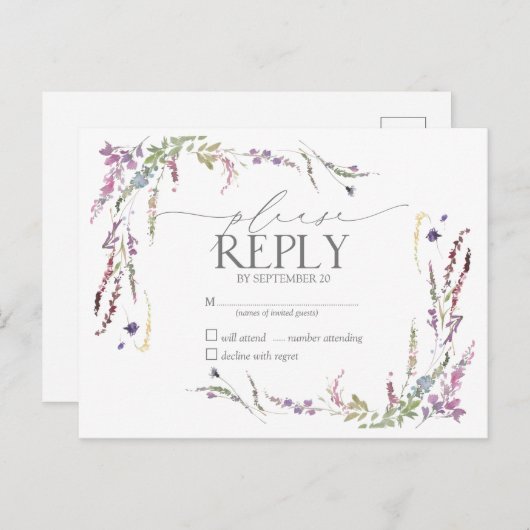 Paarse wilde bloemen Waterverf RSVP Uitnodiging Briefkaart (Voorkant / Achterkant)