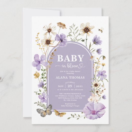 Paarse wilde bloementuin baby in bloei Shower Kaart (Voorkant)