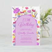 Paarse Wilde Boho Arch 100th Birthday Party Kaart (Staand voorkant)