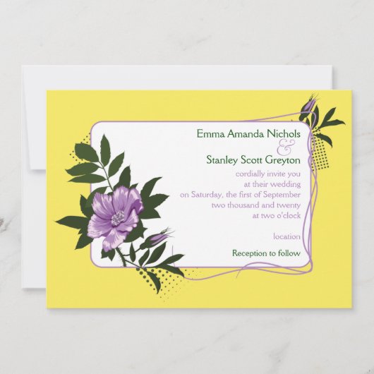 Paarse wilde roos gele bloemen huwelijksuitnodigin kaart (Voorkant)