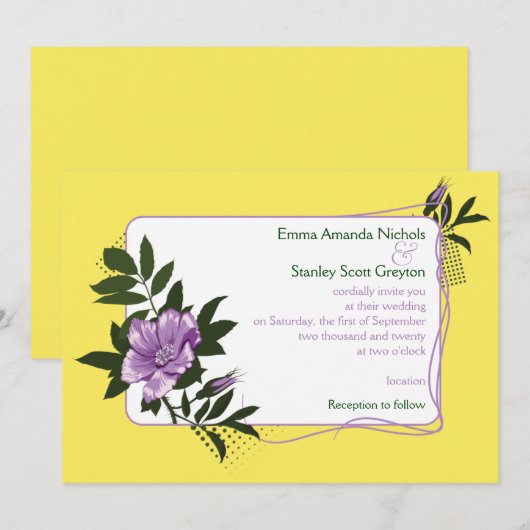 Paarse wilde roos gele bloemen huwelijksuitnodigin kaart (Voorkant / Achterkant)