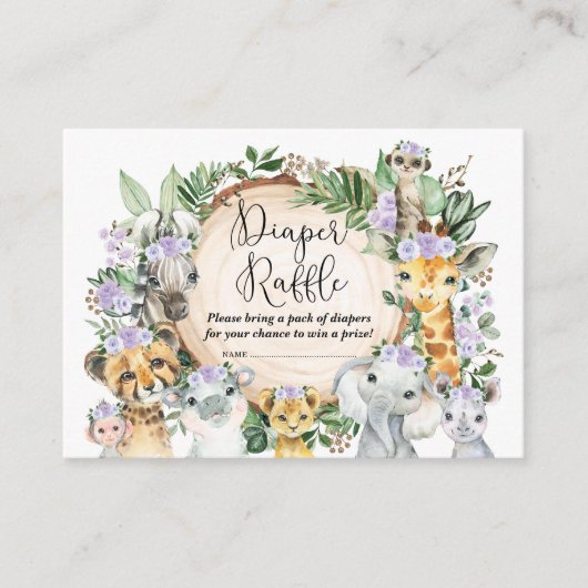 Paarse Wilde Safari Dieren Baby Luier Raffle Informatiekaartje (Voorkant)