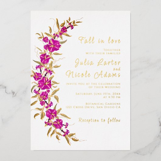 Paarse wilde trompet wijnstok bloementuin bruiloft folie uitnodiging (Voorkant)