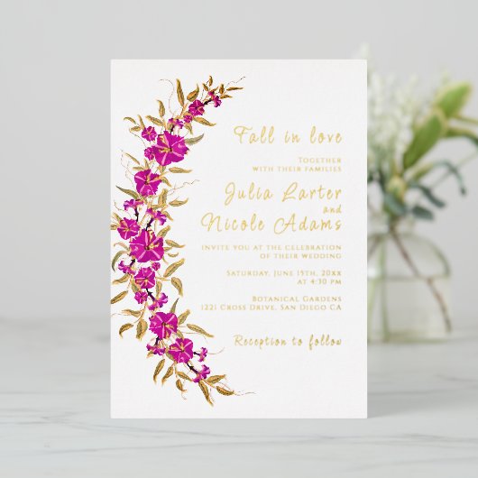 Paarse wilde trompet wijnstok bloementuin bruiloft folie uitnodiging (Staand Voorkant)