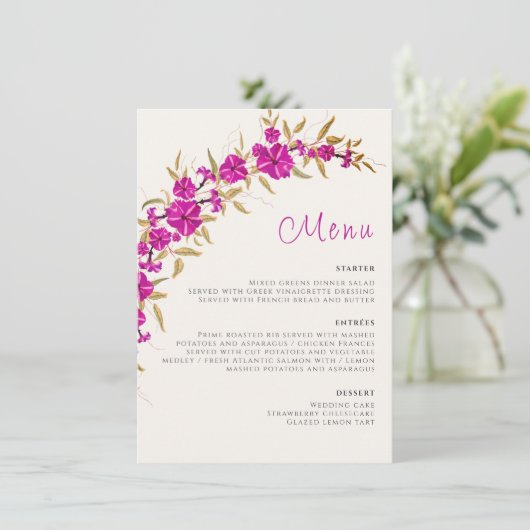 Paarse wilde trompet wijnstok bloementuin bruiloft menu (Staand voorkant)