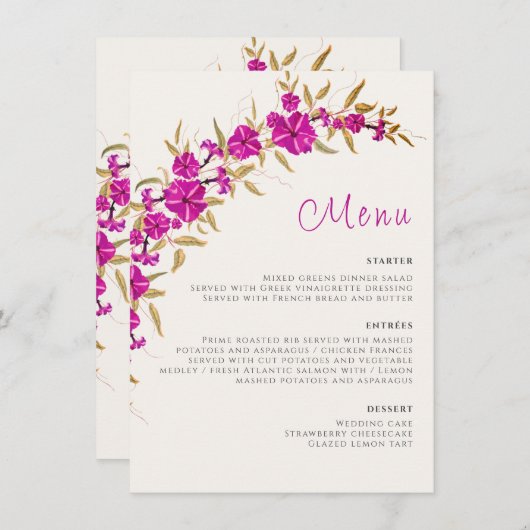 Paarse wilde trompet wijnstok bloementuin bruiloft menu (Voorkant / Achterkant)