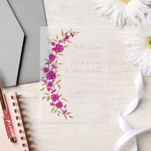 Paarse wilde trompet wijnstok bloementuin bruiloft vellum uitnodigingen