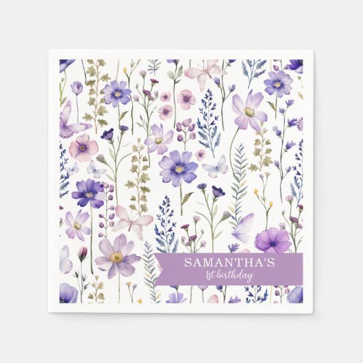 Paarse Wildflower 1e Verjaardag Party servetten (Voorkant)