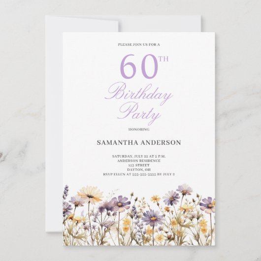 Paarse Wildflower 60e verjaardagsfeestje Kaart (Voorkant)