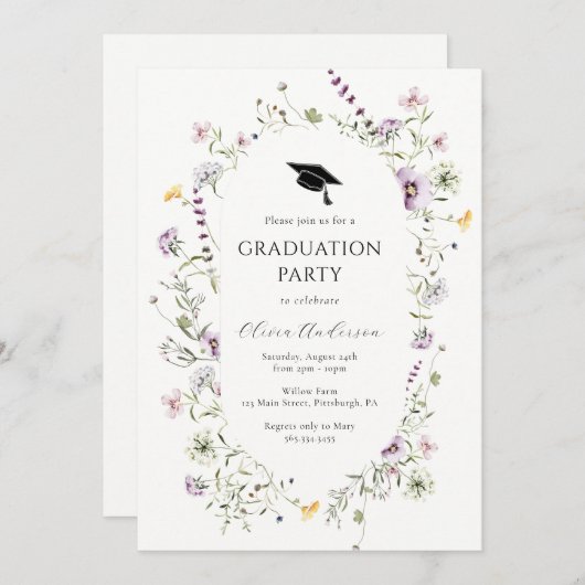 Paarse Wildflower Afstudeerfeest Uitnodiging (Voorkant / Achterkant)