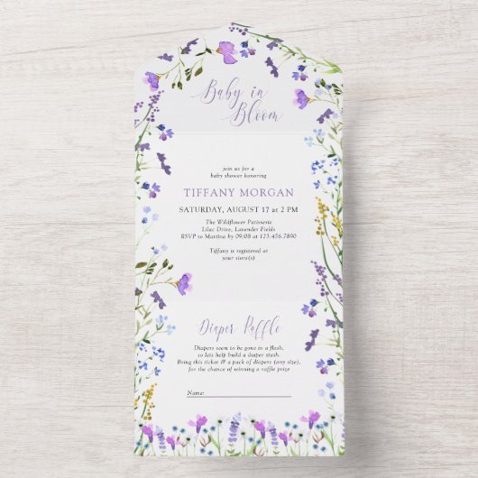 Paarse Wildflower Baby shower Boek en Luiers All In One Uitnodiging (Binnen)