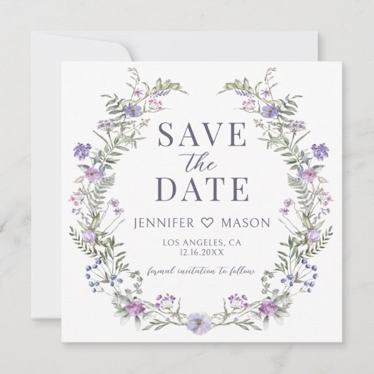 Paarse wildflower Bewaar de Date fotouitnodiging (Voorkant)