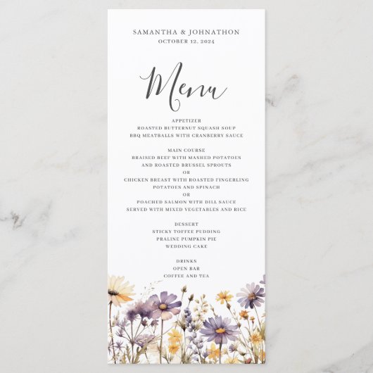 Paarse Wildflower Bloemen Bruiloft Flat Menu (Voorkant)