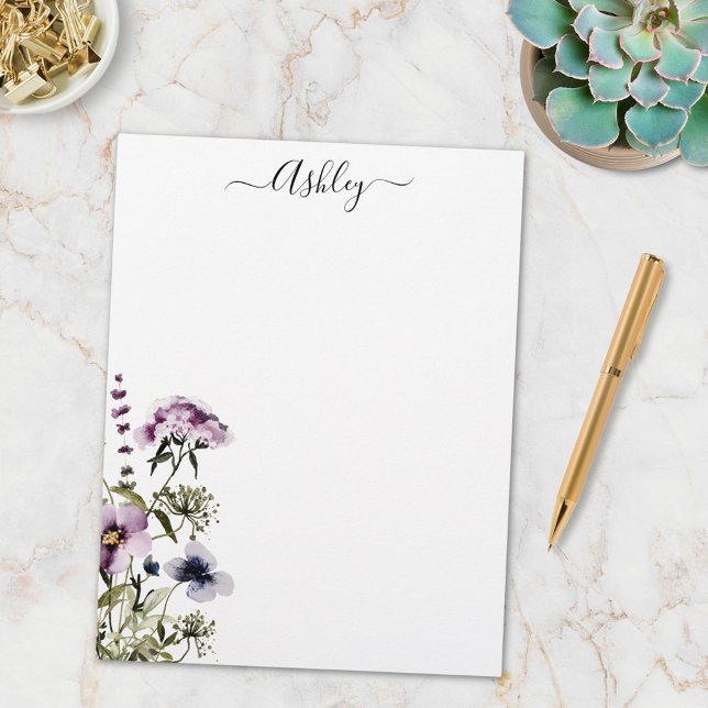 Paarse Wildflower Boeket Waterverf Bloemen Briefhoofd (In situ)