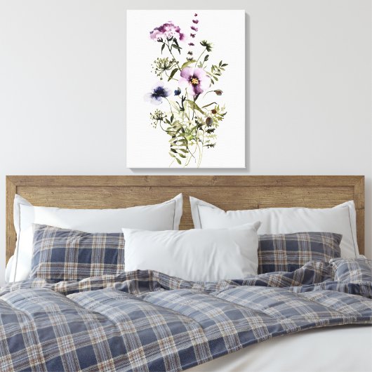 Paarse Wildflower Boeket Waterverf Bloemen Canvas Afdruk (Insitu (Slaapkamer))