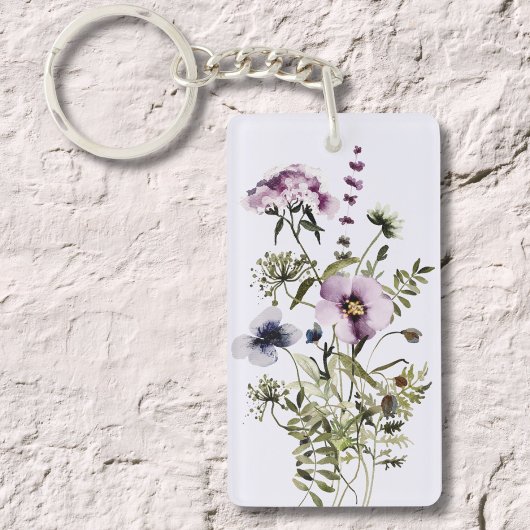 Paarse Wildflower Boeket Waterverf Bloemen Sleutelhanger
