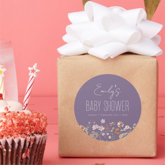Paarse Wildflower Boho Baby shower in bloei Ronde Sticker (Feest)