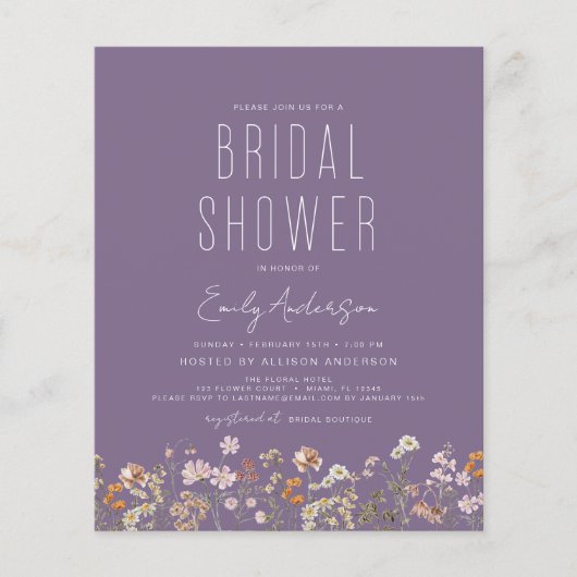 Paarse Wildflower Bruidsdouche Uitnodiging Flyer (Voorkant)