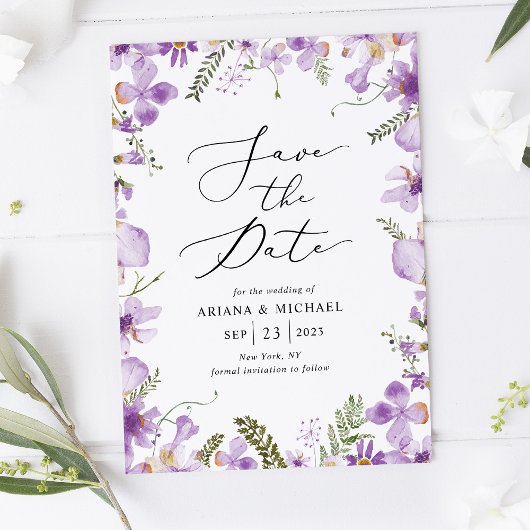 Paarse Wildflower bruiloft Save The Date Kaarten