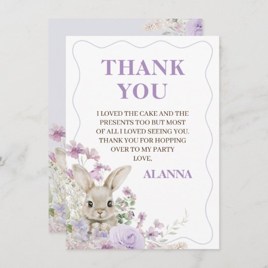 Paarse Wildflower Bunny Verjaardag Dank u kaart (Voorkant / Achterkant)
