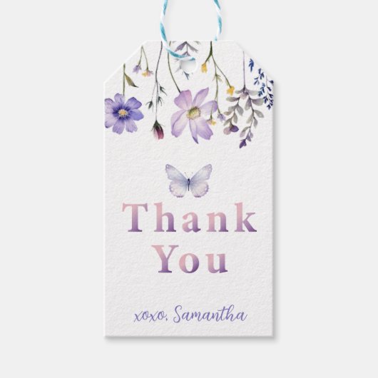 Paarse Wildflower Butterfly Verjaardag Gift Label Cadeaulabel (Voorkant)