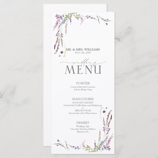 Paarse Wildflower Calligraphy Wedding Menu (Voorkant / Achterkant)
