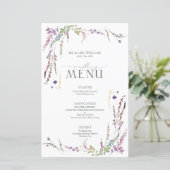 Paarse Wildflower Calligraphy Wedding Menu (Staand voorkant)