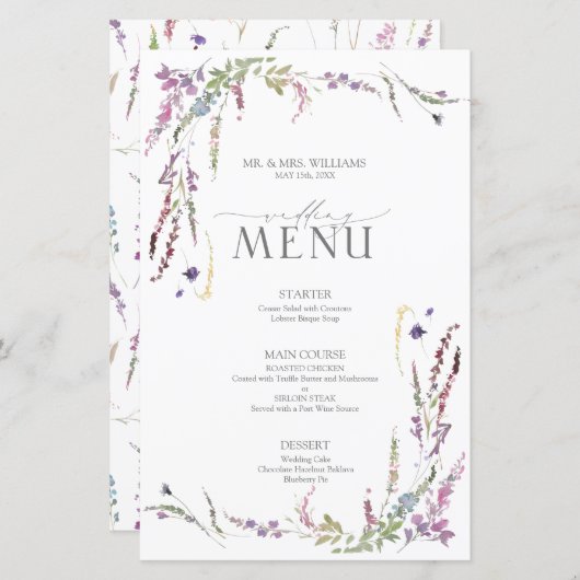 Paarse Wildflower Calligraphy Wedding Menu (Voorkant / Achterkant)