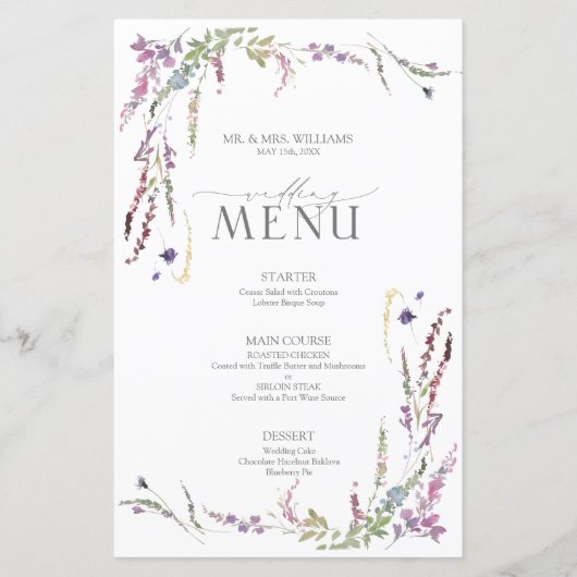 Paarse Wildflower Calligraphy Wedding Menu (Voorkant)