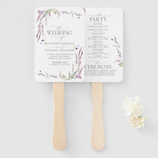 Paarse Wildflower Calligraphy Wedding Programme Handwaaier (Voorkant en achterkant)