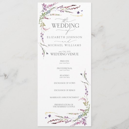 Paarse Wildflower Calligraphy Wedding Programme Programmakaart (Voorkant)