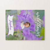 Paarse Wildflower Custom Kind foto en naam Legpuzzel (Horizontaal)