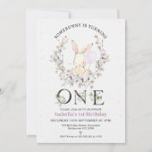 Paarse Wildflower Een konijn 1e verjaardag Kaart (Voorkant)