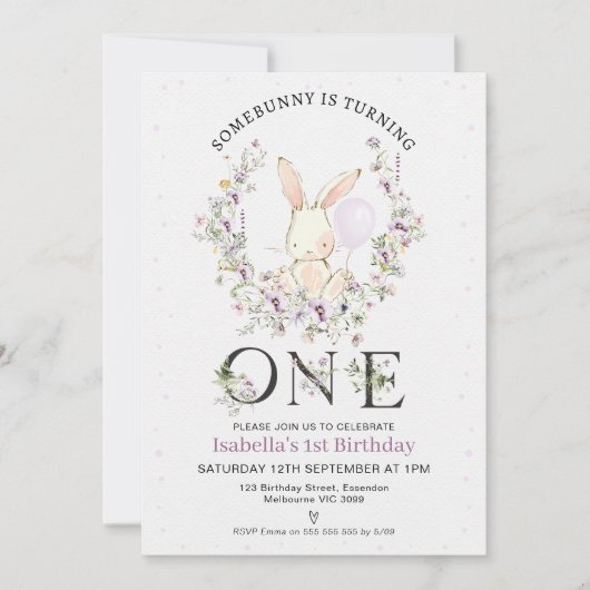 Paarse Wildflower Een konijn 1e verjaardag Kaart (Voorkant)