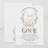 Paarse Wildflower Een konijn 1e verjaardag Kaart (Voorkant / Achterkant)